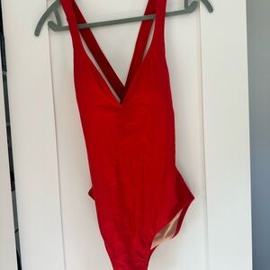 J. Crew Red One-Piece Swimsuit with Nude Lining and Crossback Straps